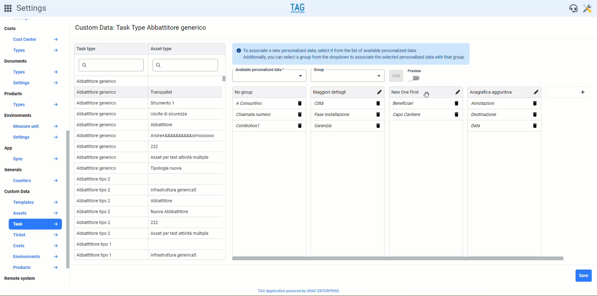 Impostazioni – Modifica ordinamento gruppi dati personalizzati