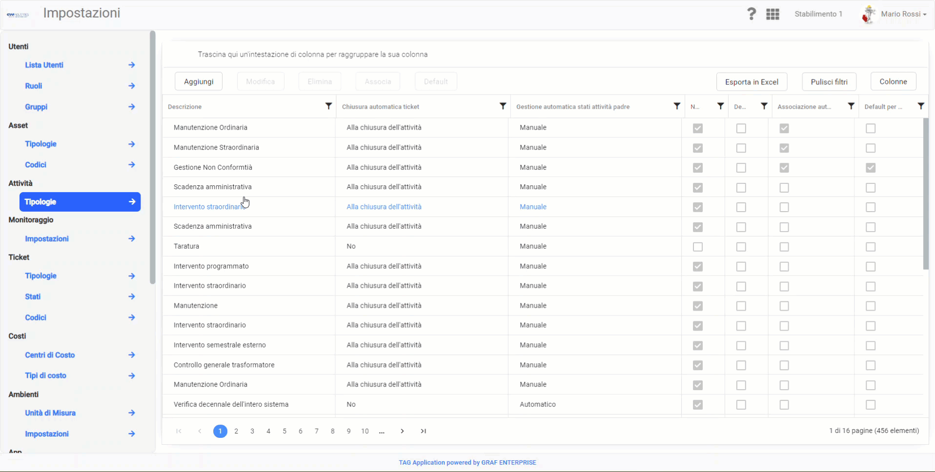 Impostazioni - Collegamento tra tipologia di attività di default e asset