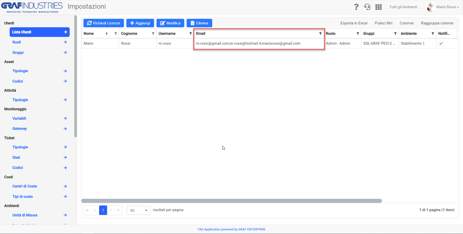 Impostazioni – Configurazione e-mail utenti