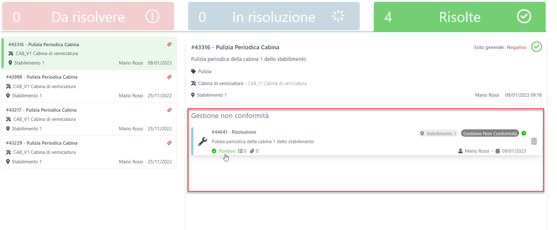 Non conformità - nuove funzionalità