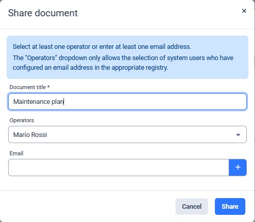 Popup condivisione del documento