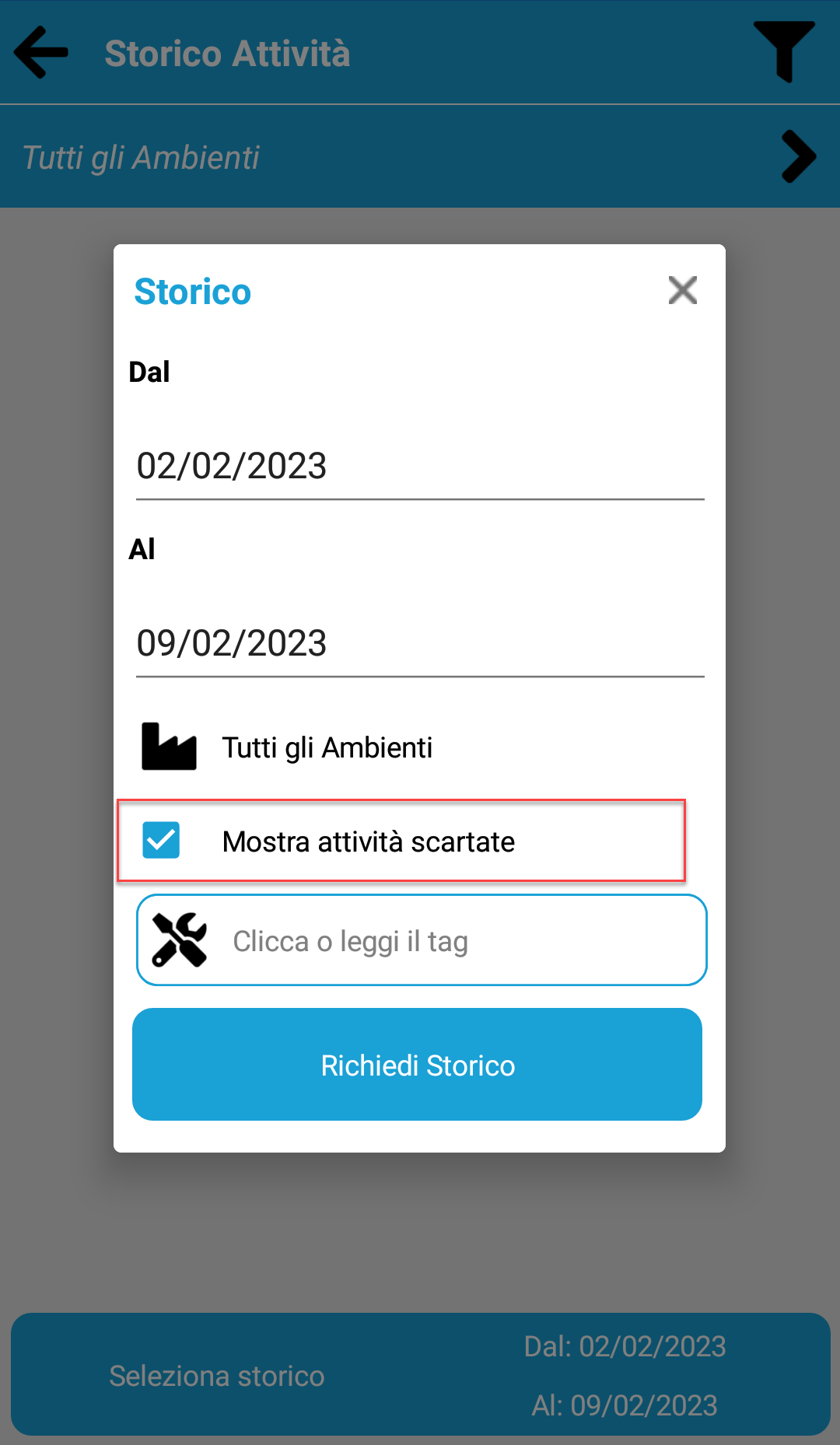 Storico attività - Mostra Attività Scartate