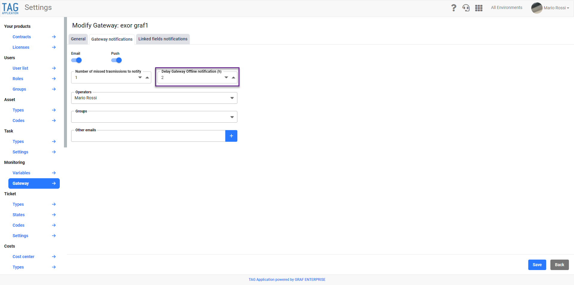Monitoraggio – Disattivazione temporanea delle notifiche di un gateway