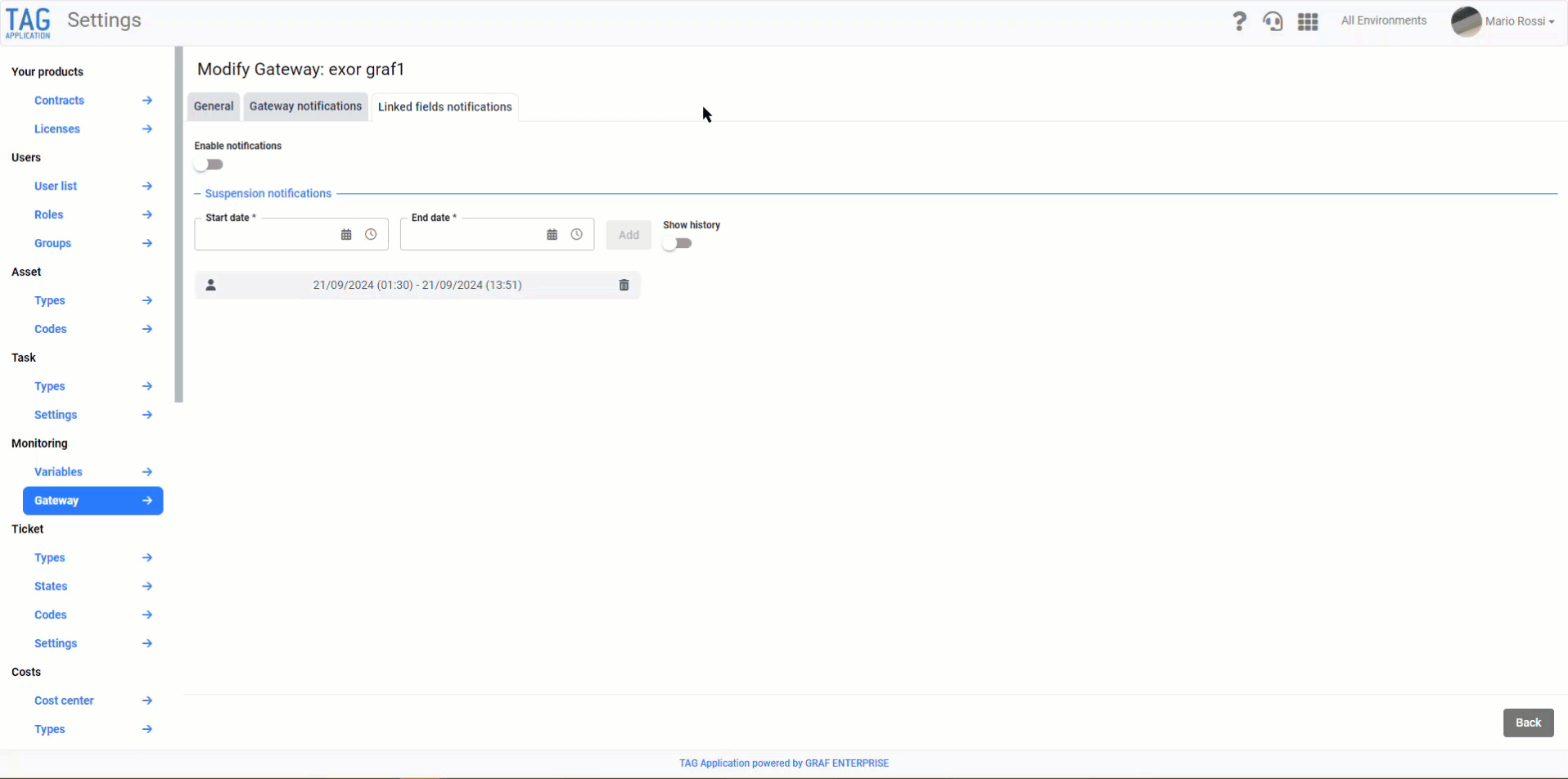 Monitoraggio – Disattivazione temporanea delle notifiche di un gateway