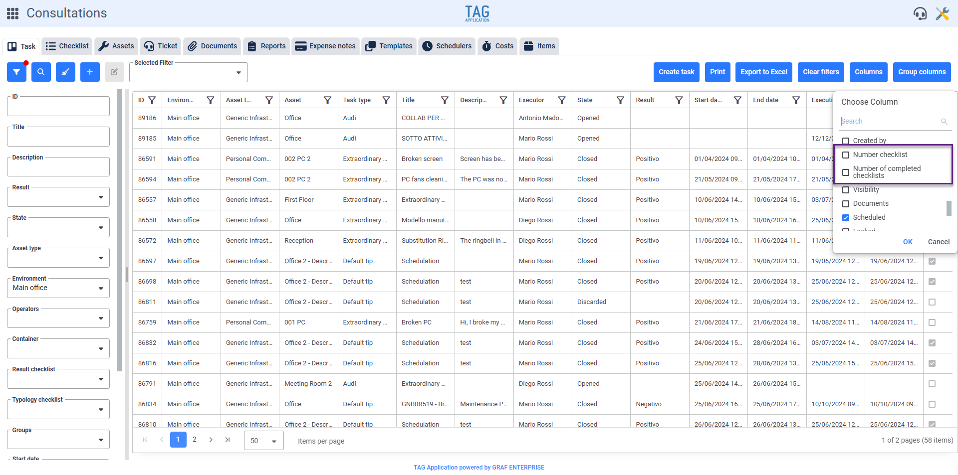 Consultazioni – Nuove colonne relative alle checklist per la sezione attività