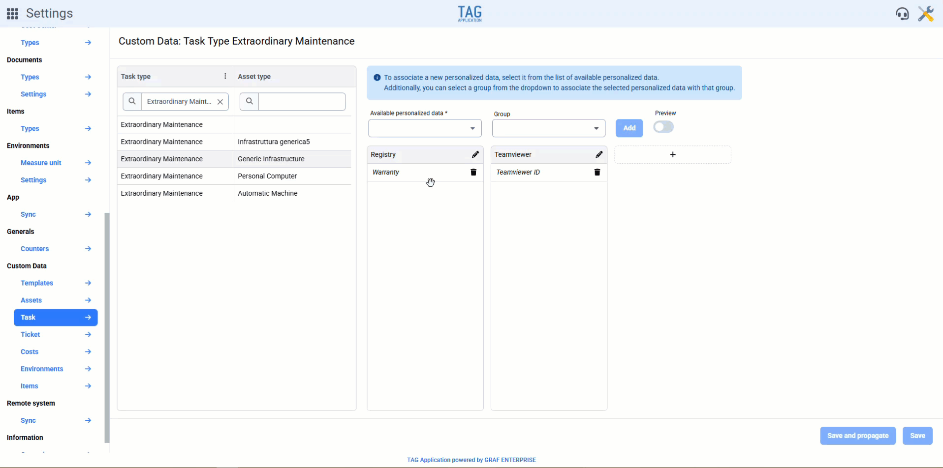 Settings – Propagation of custom data to activity types associated with multiple asset types