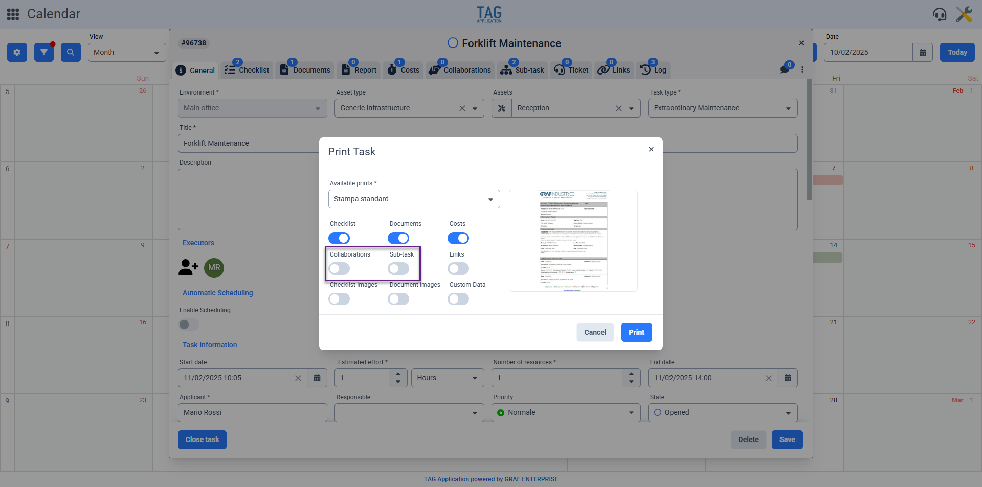 Tasks – Printing of collaborations and links